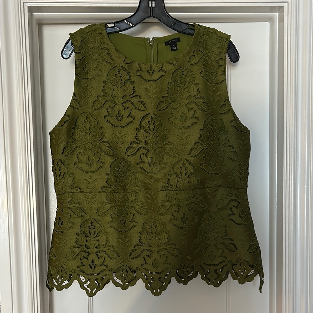 Ann Taylor Green Lace Blouse with Ornate Trim